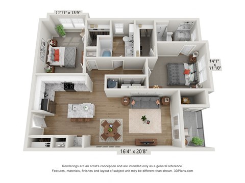 Floor plan for 2 beds, 2 baths, 1103 sqft